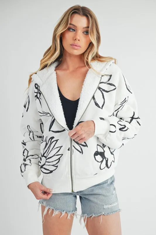 Aemi   Co Flower Print Zip Up Sherpa Hoodie
