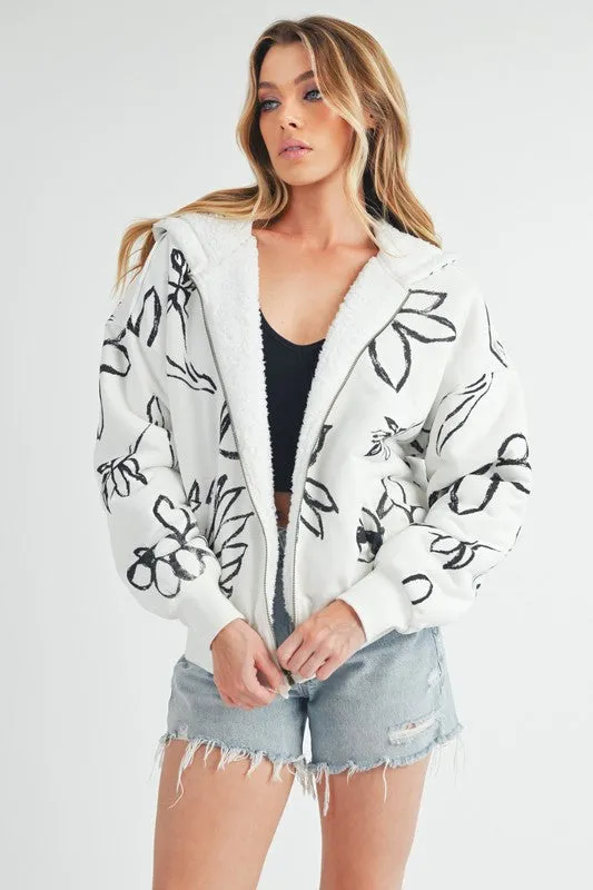 Aemi   Co Flower Print Zip Up Sherpa Hoodie