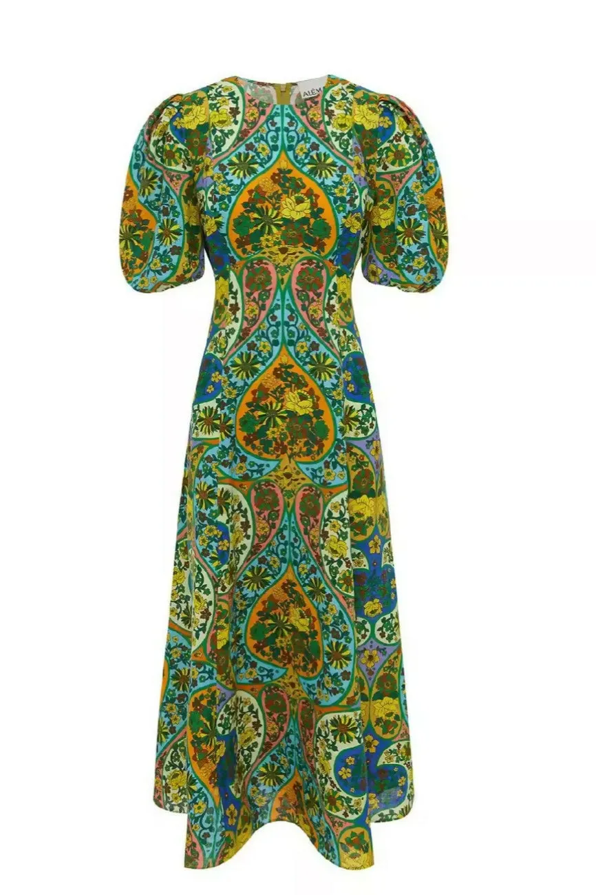 Alemais Sofie Puff Sleeve Midi Dress Multi Size AU 14 & 16