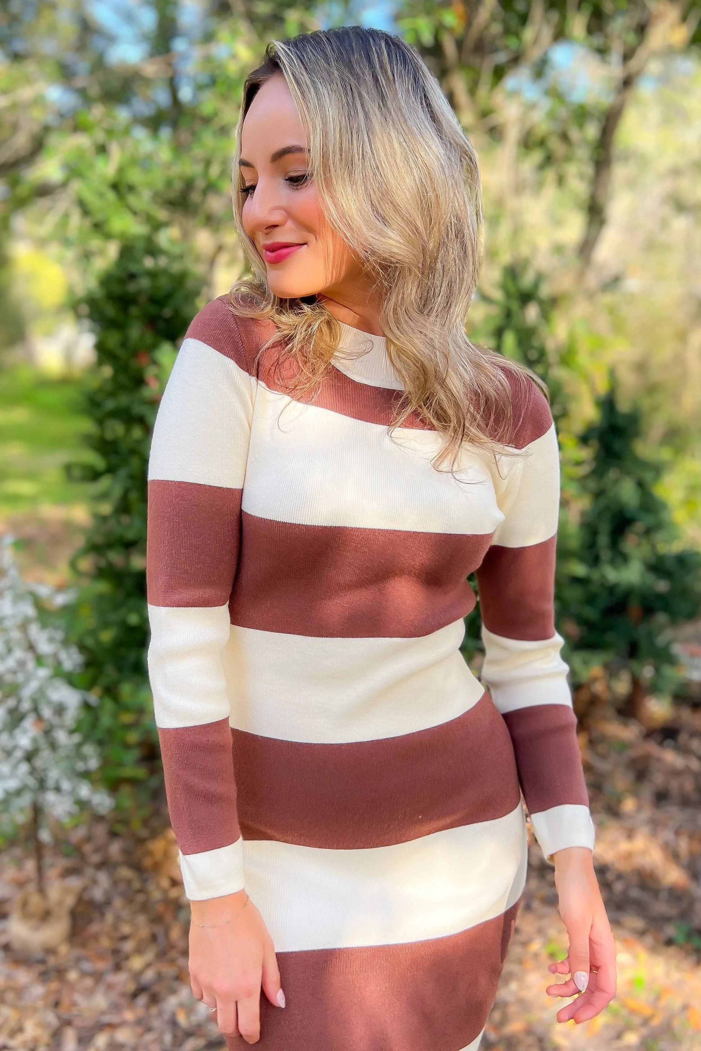 Allie Brown Striped Midi Sweater Dress