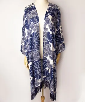 Blue Lotus Fringe Boho Kimono Cardigan