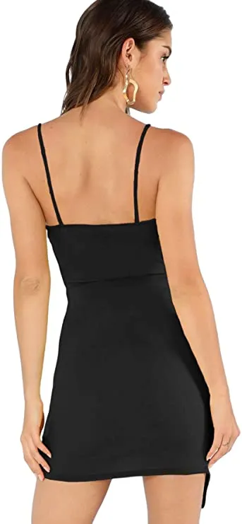 Burgundy Women's Ruched Asymmetrical Deep V Neck Sleeveless Bodycon Tank Dress - Verdusa