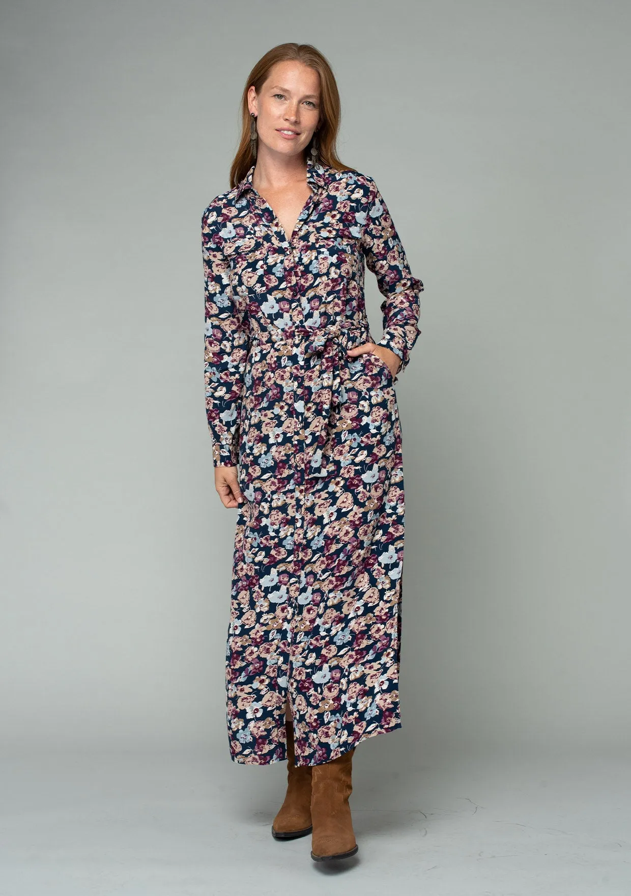 Floral Long Sleeve Belted Collared Shirt Dress