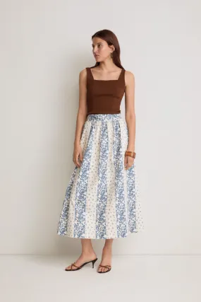 Multicolored Floral Print Cotton Midi Skirt