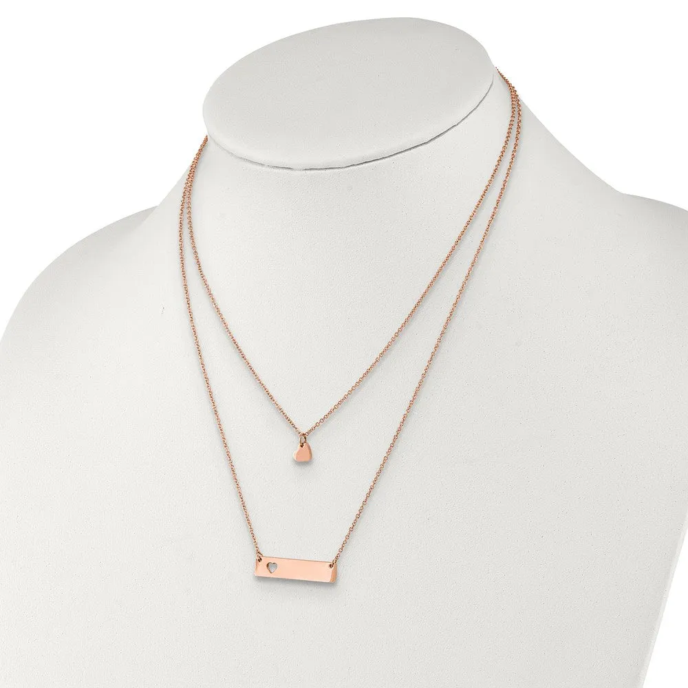 Stainless Steel Rose Ip-plated Heart Bar Multi-strand 1.5in ext Necklace
