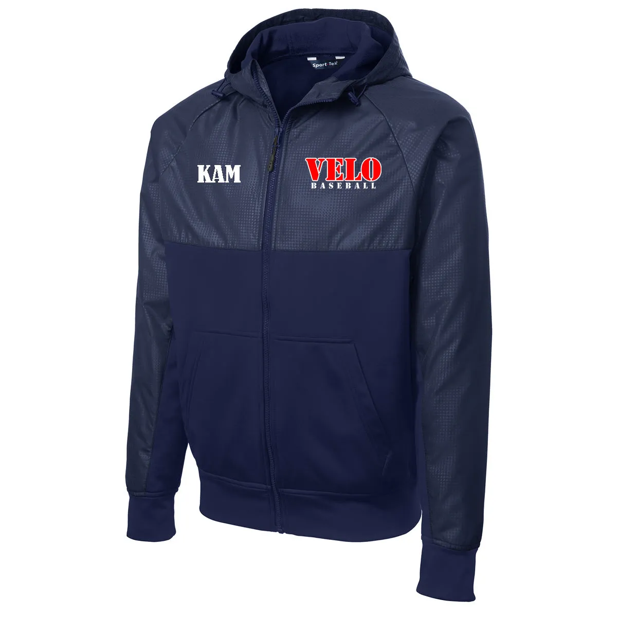 Velo BB - Embossed Hybrid Full-Zip Hooded Jacket with VELO Baseball (Stencil Font) - Navy (JST50)